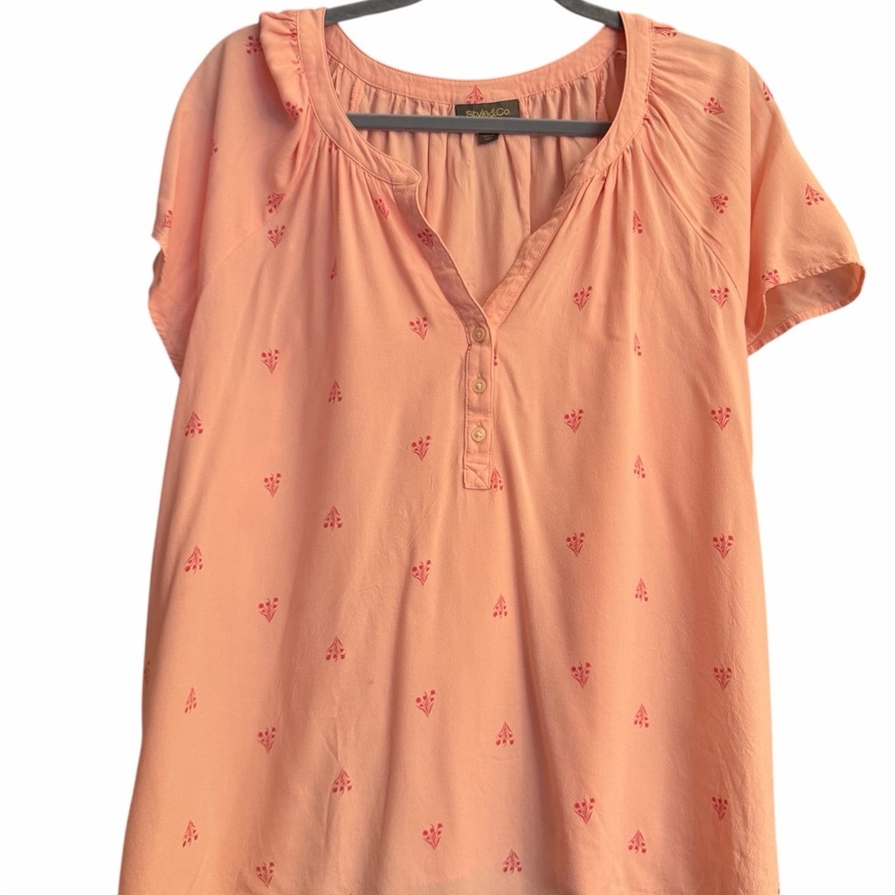 Style &Co Peach Short Sleeve Split-Neck Embroidered Top